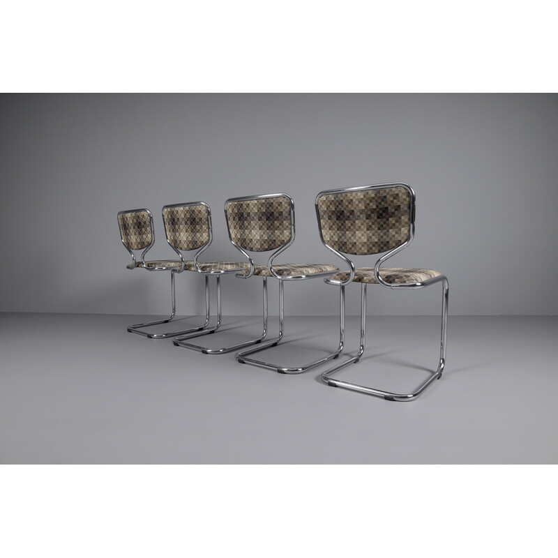 Satz von 4 verchromten Stühlen mit geometrischem Stoffbezug, Deutschland 1960er Jahre