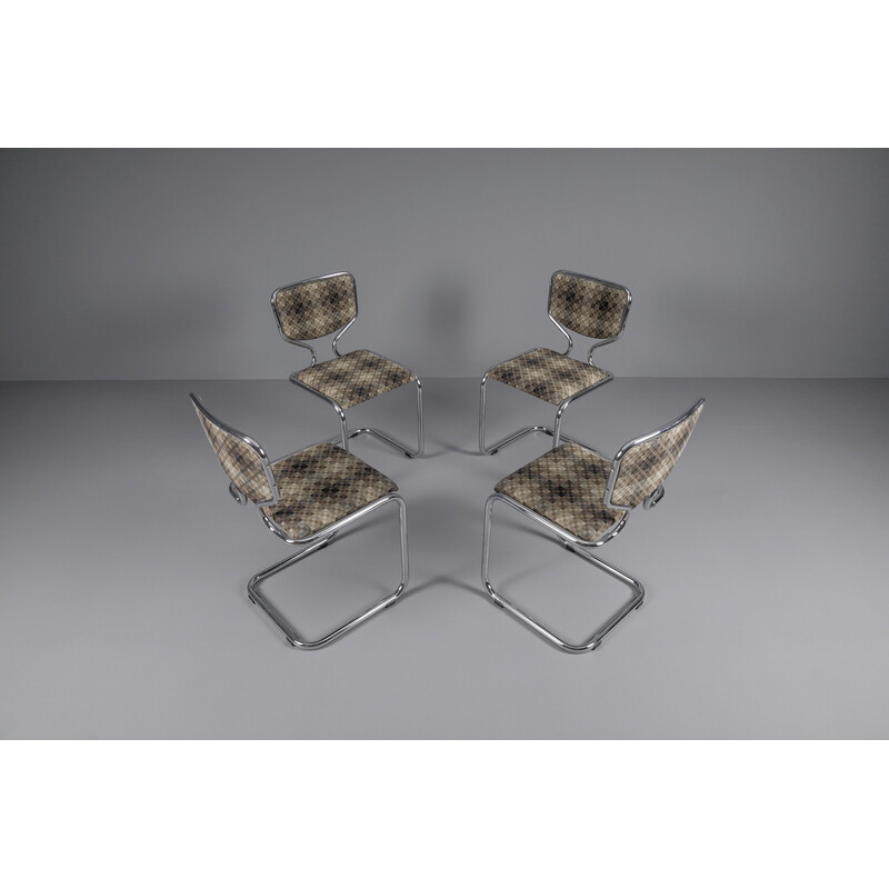 Conjunto de 4 cadeiras cromadas vintage com cobertura de tecido geométrico, Alemanha, anos 60