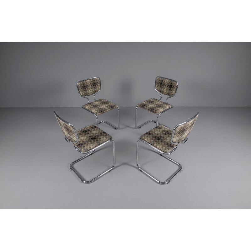 Ensemble de 4 chaises chromées vintage avec revêtement en tissu géométrique, Allemagne 1960