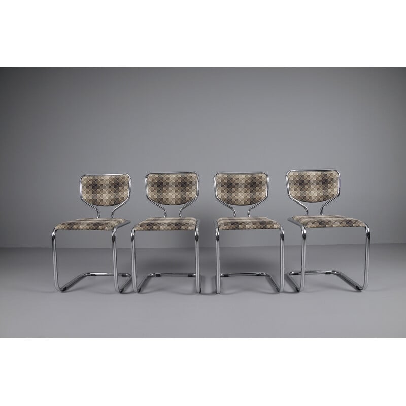 Set van 4 vintage chromen stoelen met geometrische stoffen bekleding, Duitsland 1960