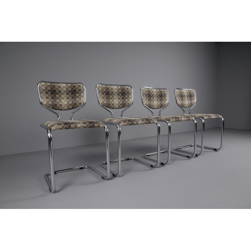 Conjunto de 4 cadeiras cromadas vintage com cobertura de tecido geométrico, Alemanha, anos 60