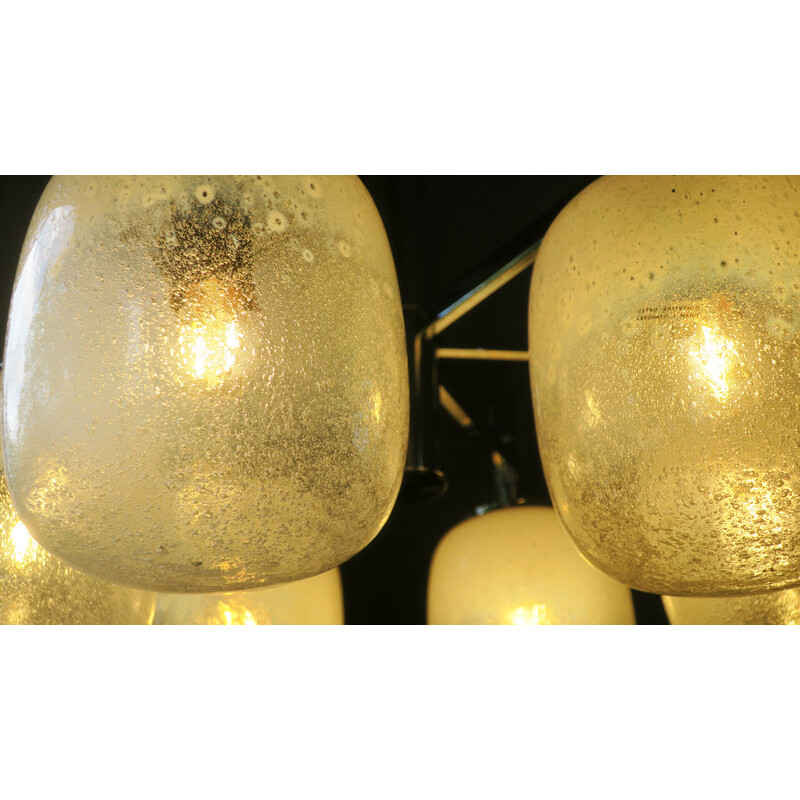 Lámpara italiana vintage de 6 brazos de cristal de Murano esmerilado y cromo, 1960