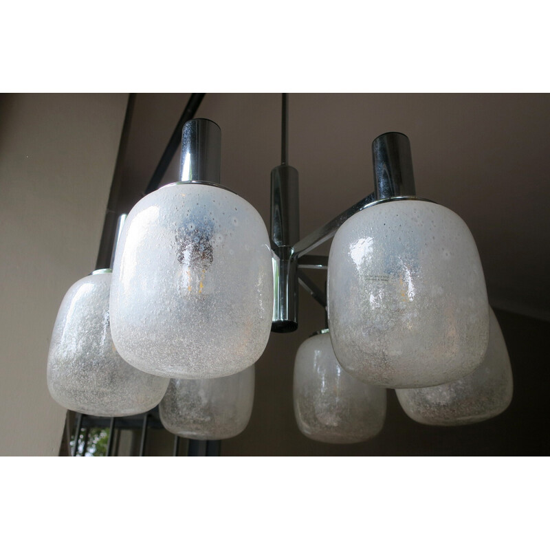 Vintage Italian 6-arm frosted Murano glass and chrome chandelier, 1960