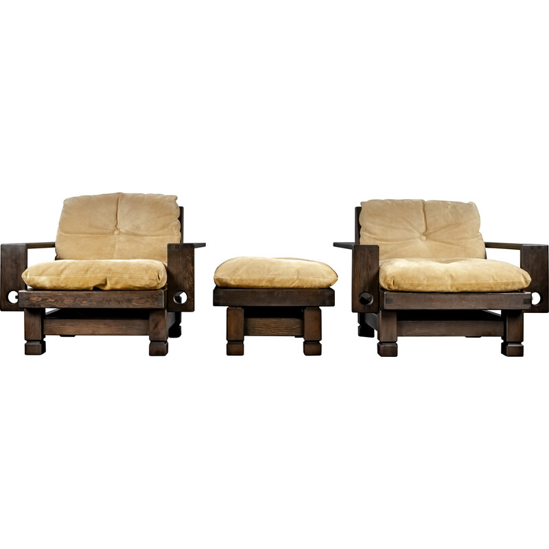 Vintage living room set in softwood and leather, France 1960s