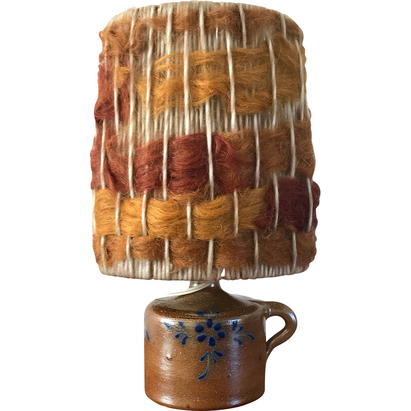 Lampe vintage en grès vernissé et abat jour en laine, 1970