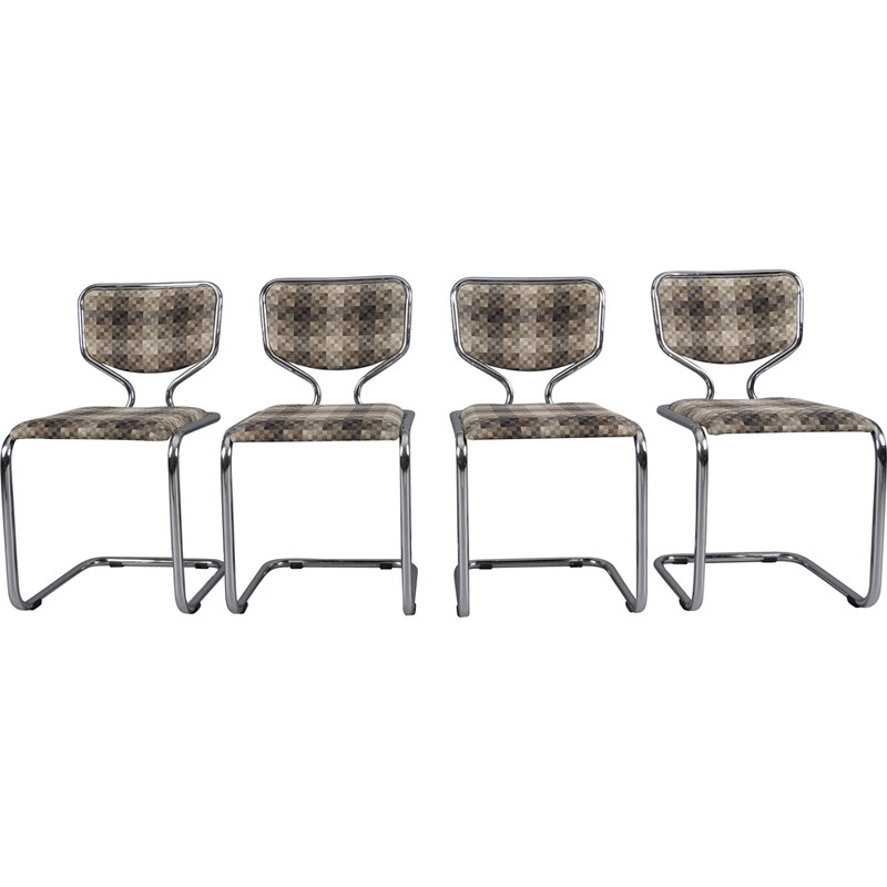 Ensemble de 4 chaises chromées vintage avec revêtement en tissu géométrique, Allemagne 1960