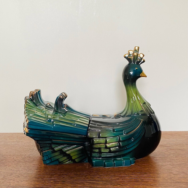 Vintage art deco terracotta peacock candy box, France 1940