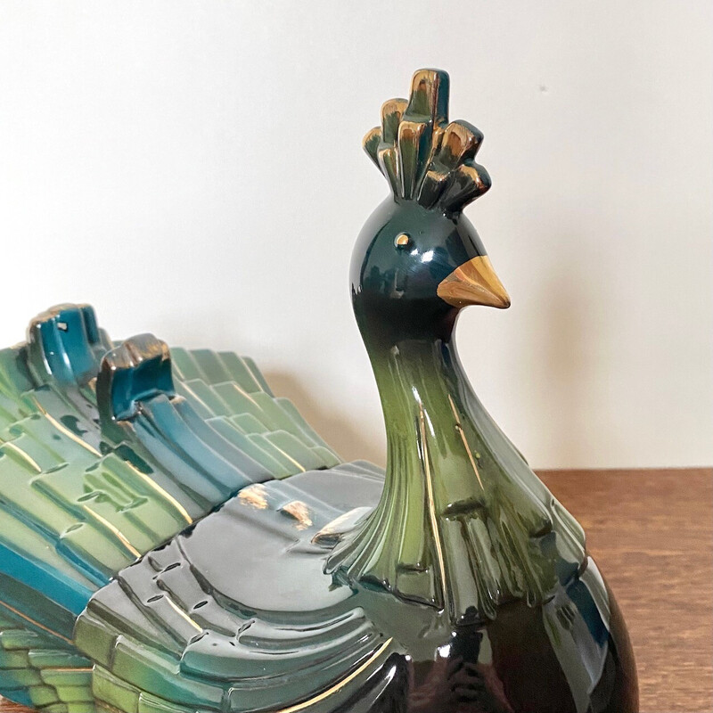 Vintage art deco terracotta peacock candy box, France 1940