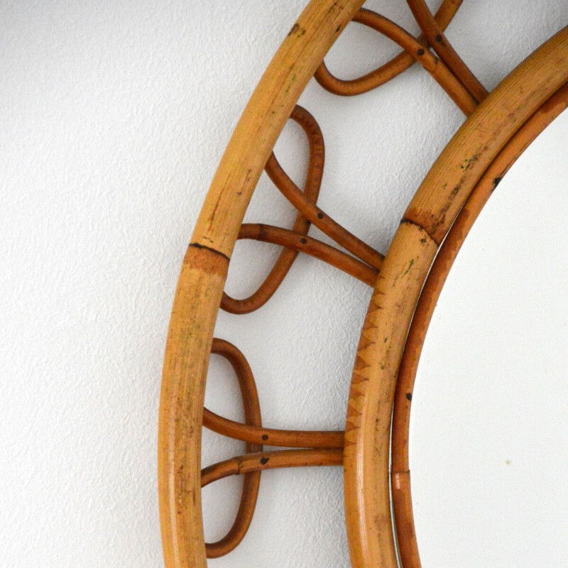 Vintage bamboo and rattan round mirror by Franco Albini, Italy 1950s