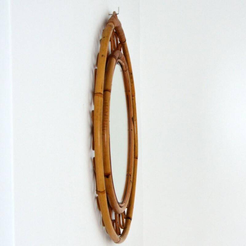 Vintage bamboo and rattan round mirror by Franco Albini, Italy 1950s