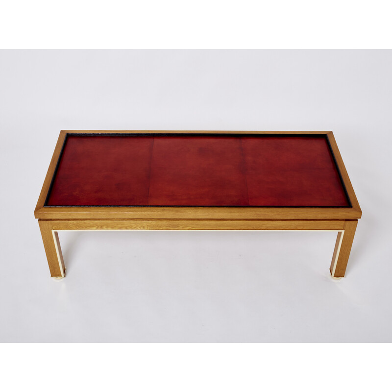 Vintage oakwood, brass and leather coffee table by Alberto Pinto, 1990s