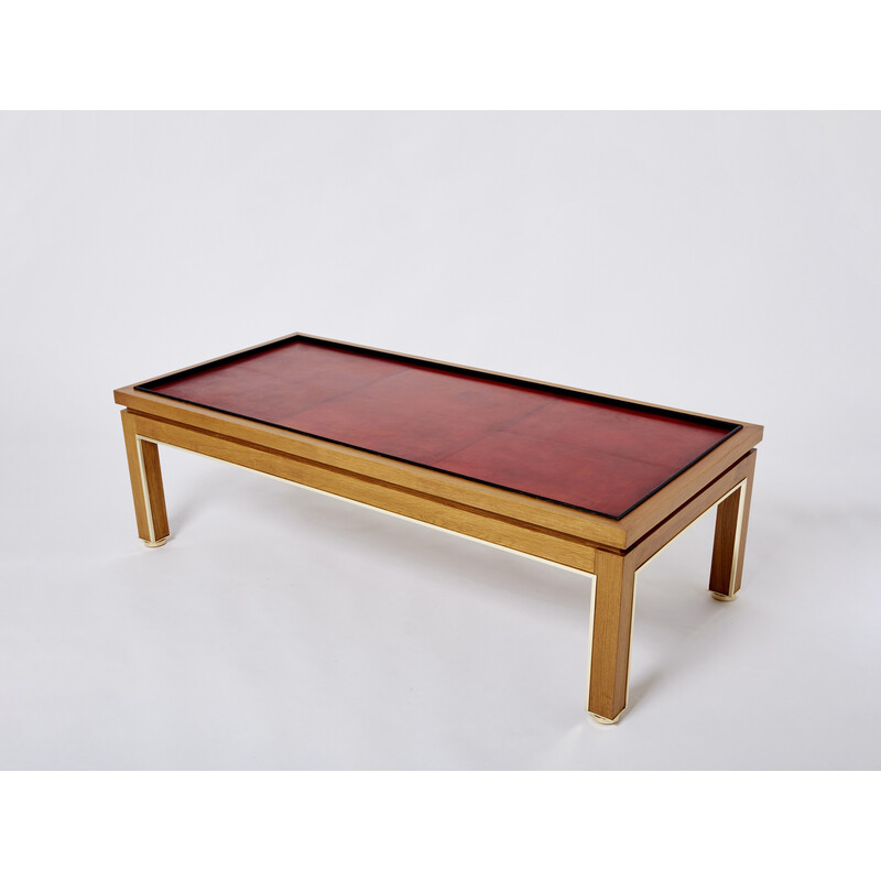 Vintage oakwood, brass and leather coffee table by Alberto Pinto, 1990s