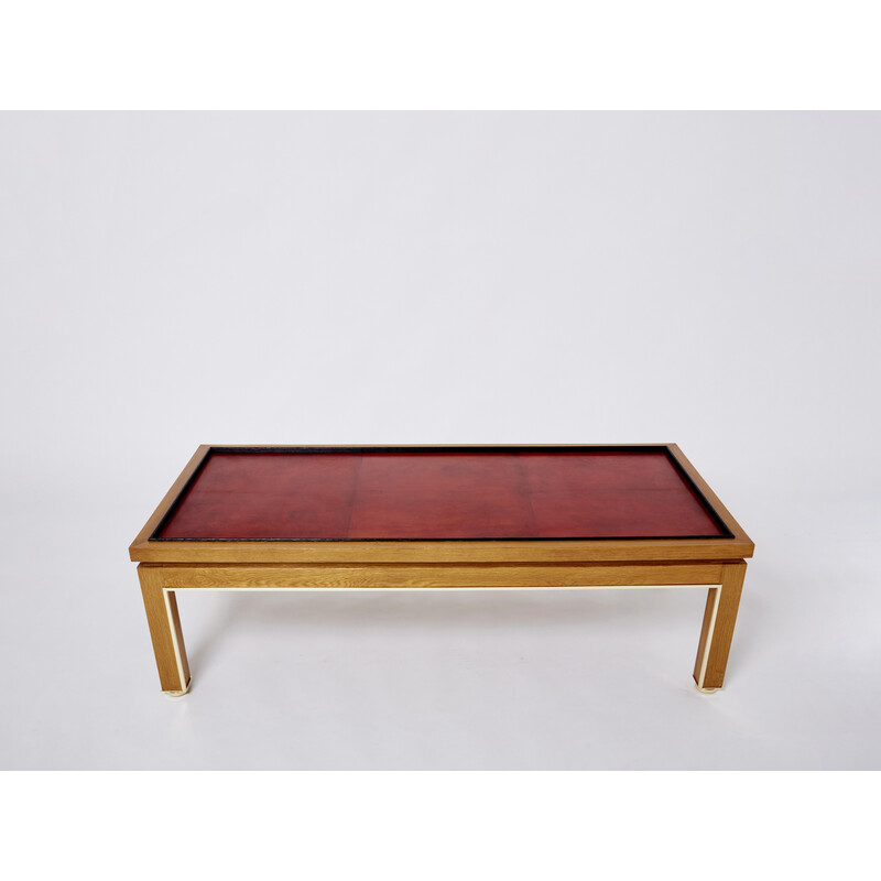 Vintage oakwood, brass and leather coffee table by Alberto Pinto, 1990s