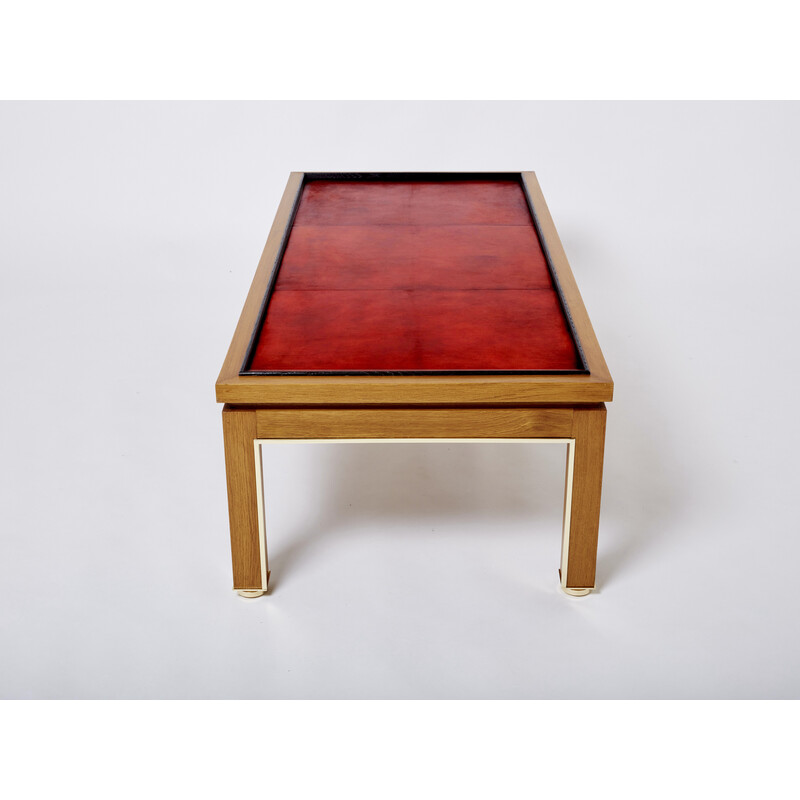 Vintage oakwood, brass and leather coffee table by Alberto Pinto, 1990s