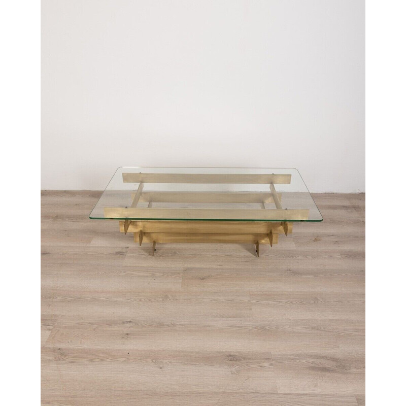 Mesa de centro vintage de latón dorado y cristal de David Hicks, años 60