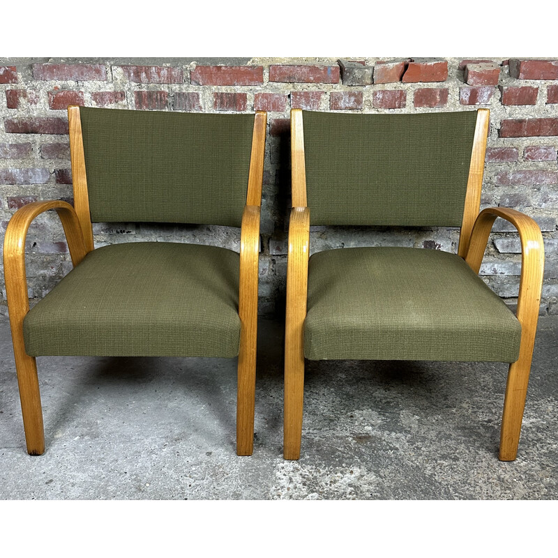 Paar vintage "Bow wood" fauteuils in gebogen essenhout en stof van Hugues Steiner, 1950