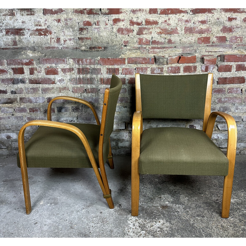 Paar vintage "Bow wood" fauteuils in gebogen essenhout en stof van Hugues Steiner, 1950