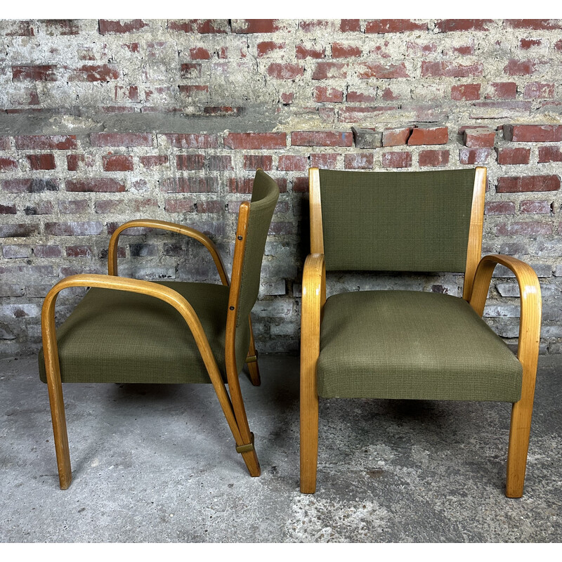 Paire de fauteuils vintage "Bow wood" en frêne courbé et tissu par Hugues Steiner, 1950