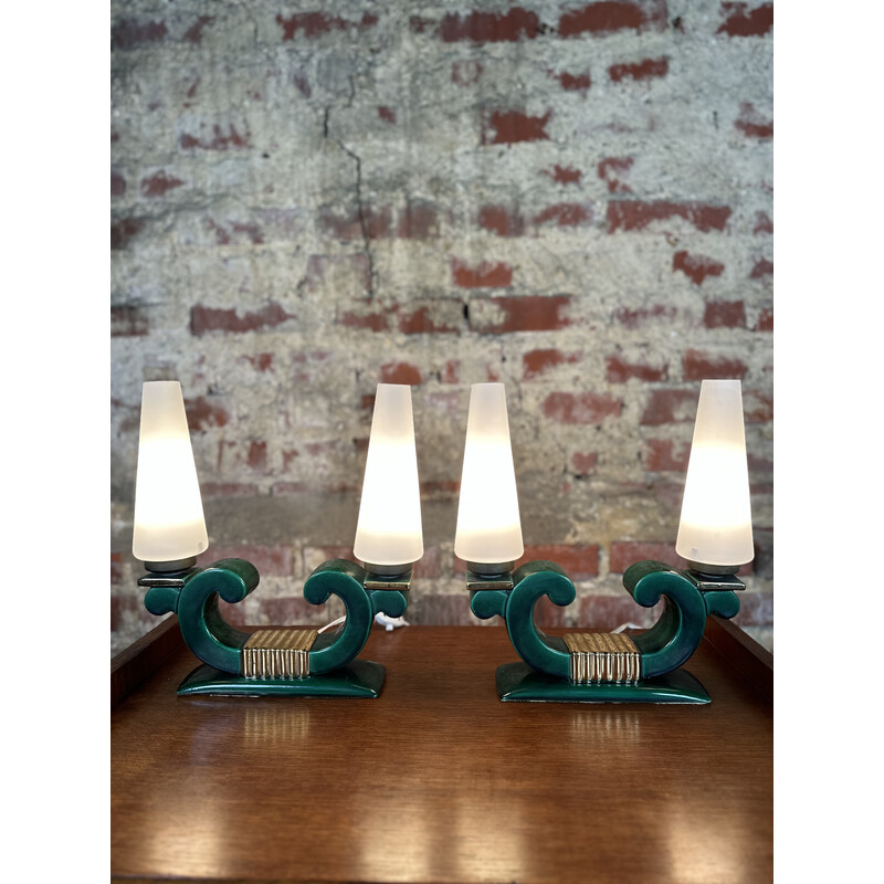 Pair of vintage Art Deco lamps in ceramic and opaline glass, 1920-1930s