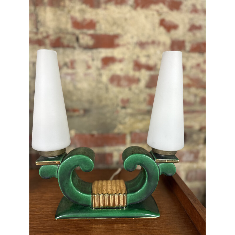 Pair of vintage Art Deco lamps in ceramic and opaline glass, 1920-1930s