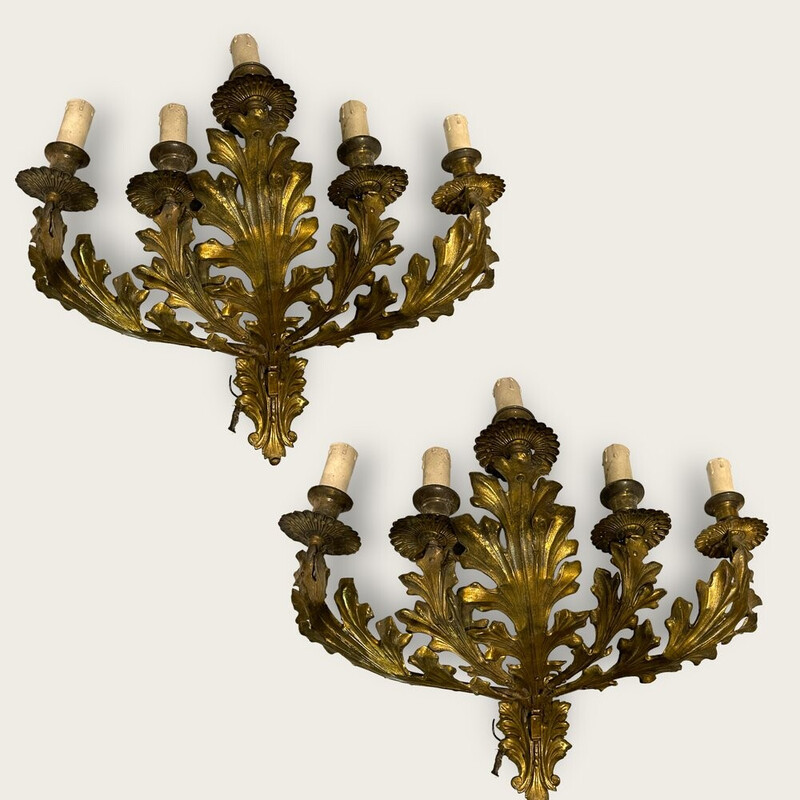 Pair of vintage wall lamps in gilded sheet metal, Italy 1960s