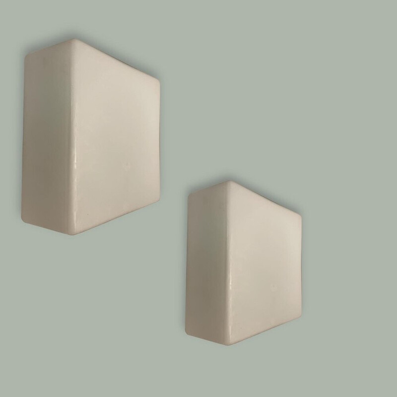 Pair of vintage cubic opaline glass wall lamps by Zonca, Italy 1980s