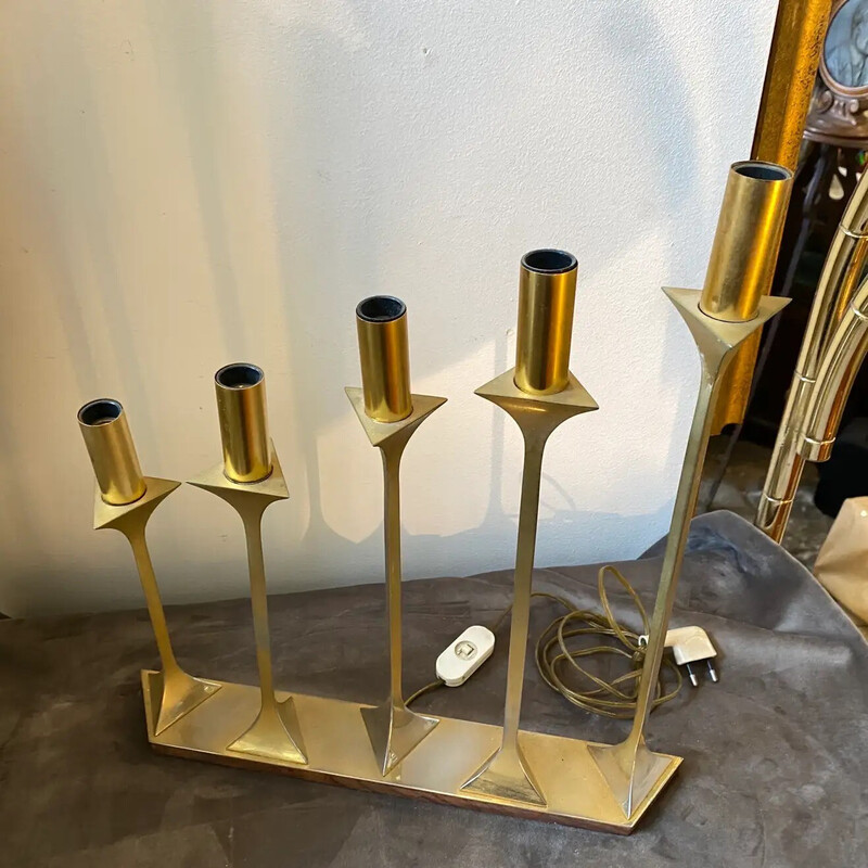 Lampe de table italienne vintage en métal doré et bois, 1960