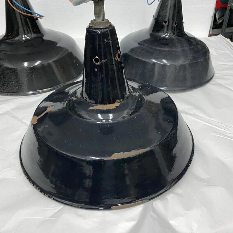 Set of 3 vintage industrial black painted metal Italian pendant lamps, 1930s