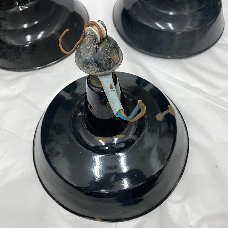 Set of 3 vintage industrial black painted metal Italian pendant lamps, 1930s