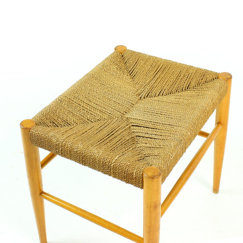 Mid century stool in oak wood and rope, Czechoslovakia 1960s