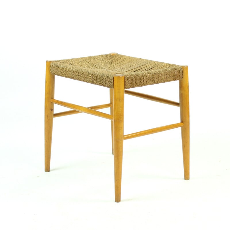 Mid century stool in oak wood and rope, Czechoslovakia 1960s