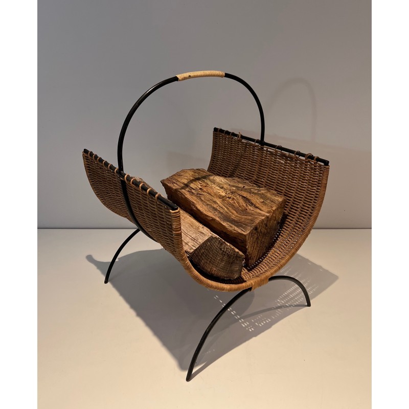 Black lacquered metal and rattan vintage firewood holder, 1970