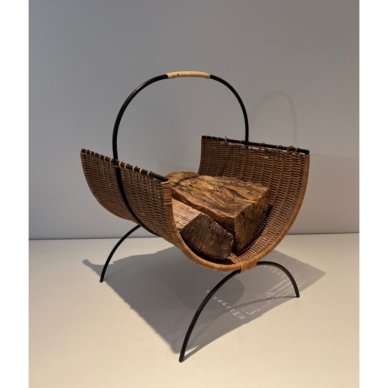 Black lacquered metal and rattan vintage firewood holder, 1970