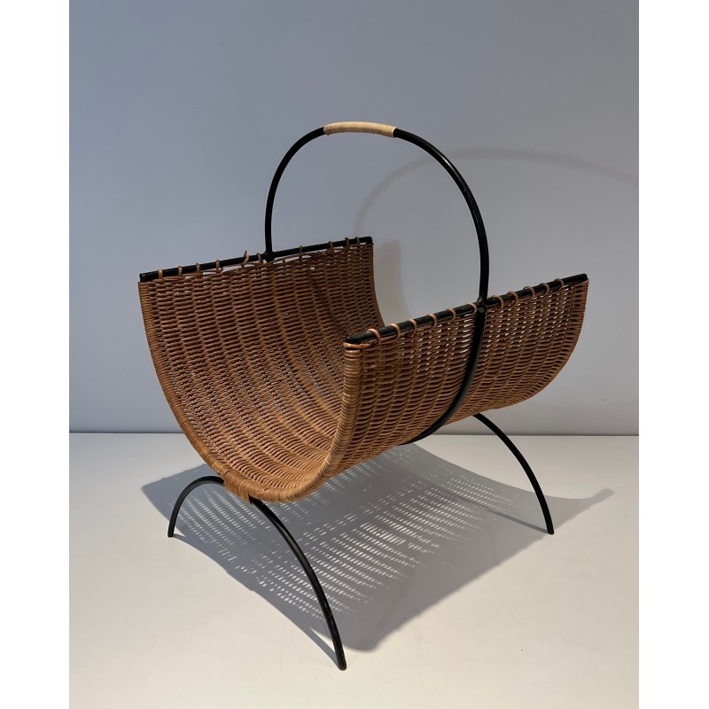 Black lacquered metal and rattan vintage firewood holder, 1970