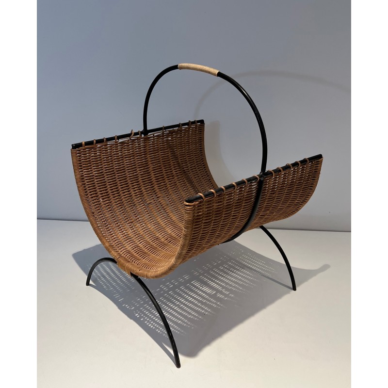 Black lacquered metal and rattan vintage firewood holder, 1970