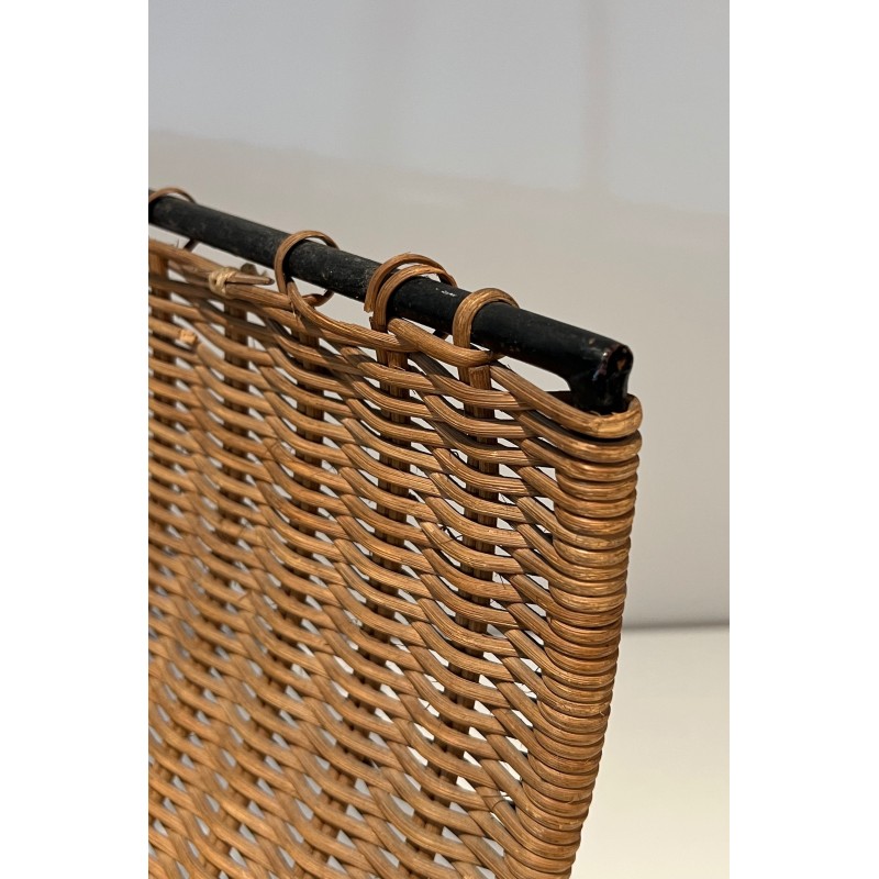 Black lacquered metal and rattan vintage firewood holder, 1970