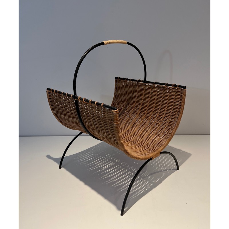 Porta legna vintage in metallo laccato nero e rattan, 1970