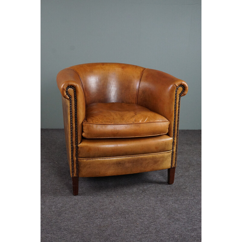 Vintage cognackleurige schapenleren clubfauteuil