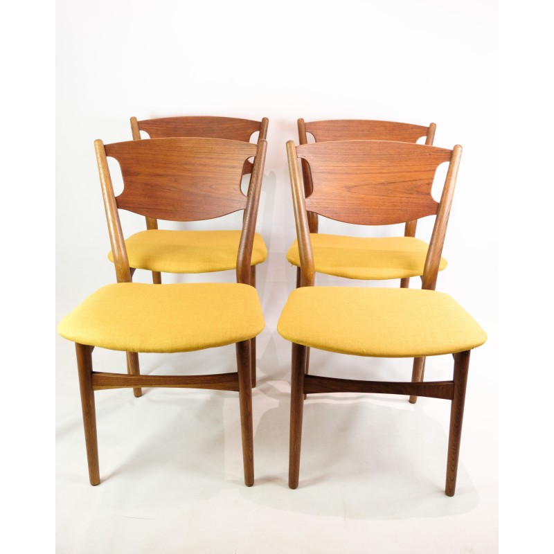 Ensemble de 4 chaises vintage en teck et tissu jaune, Danemark 1960