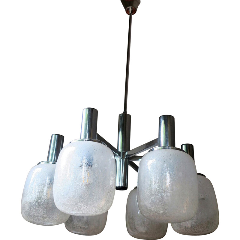 Lámpara italiana vintage de 6 brazos de cristal de Murano esmerilado y cromo, 1960