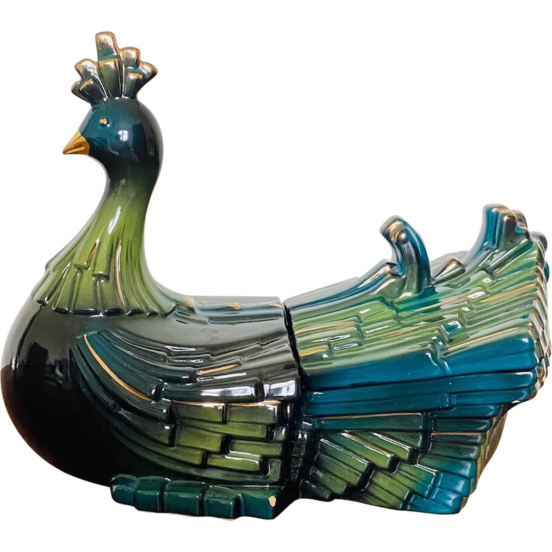 Vintage art deco terracotta peacock candy box, France 1940