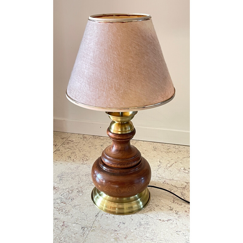 Lampada vintage in legno e ottone, 1980