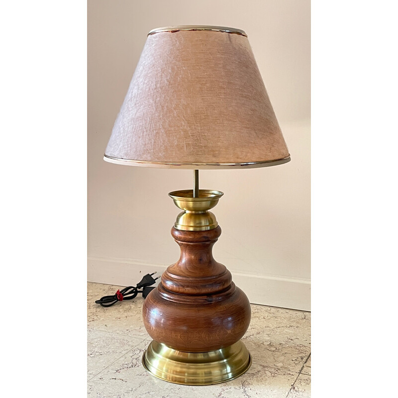 Vintage wood and brass lamp, 1980