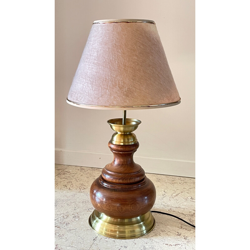 Lampe vintage en bois et laiton, 1980