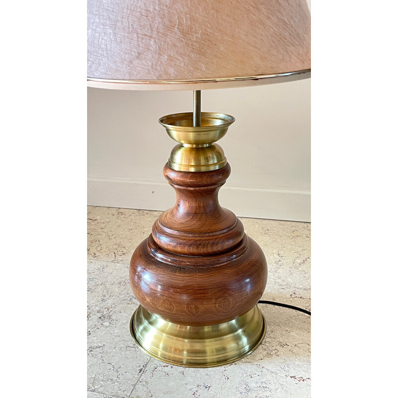 Lampe vintage en bois et laiton, 1980