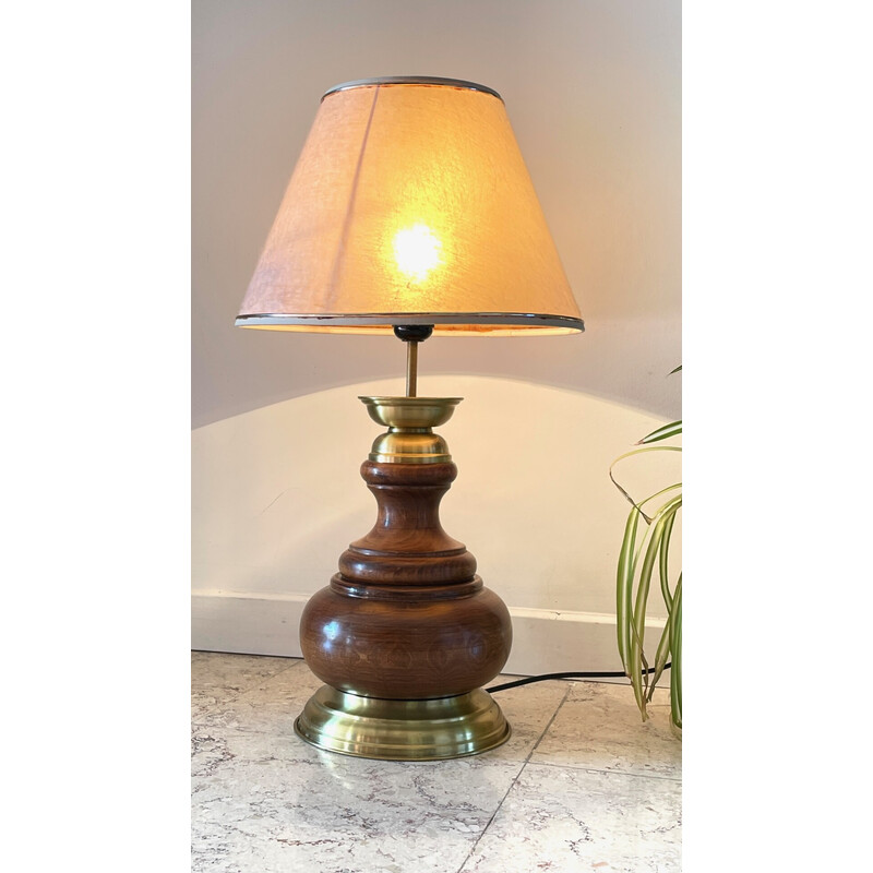 Lampada vintage in legno e ottone, 1980