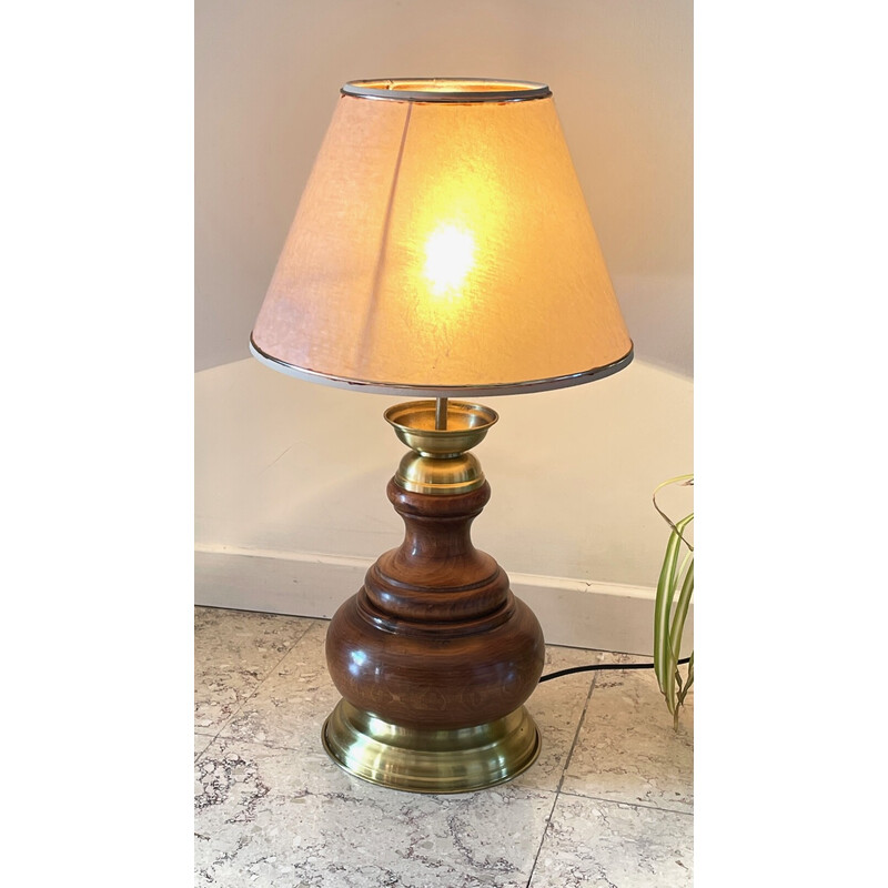 Lampada vintage in legno e ottone, 1980