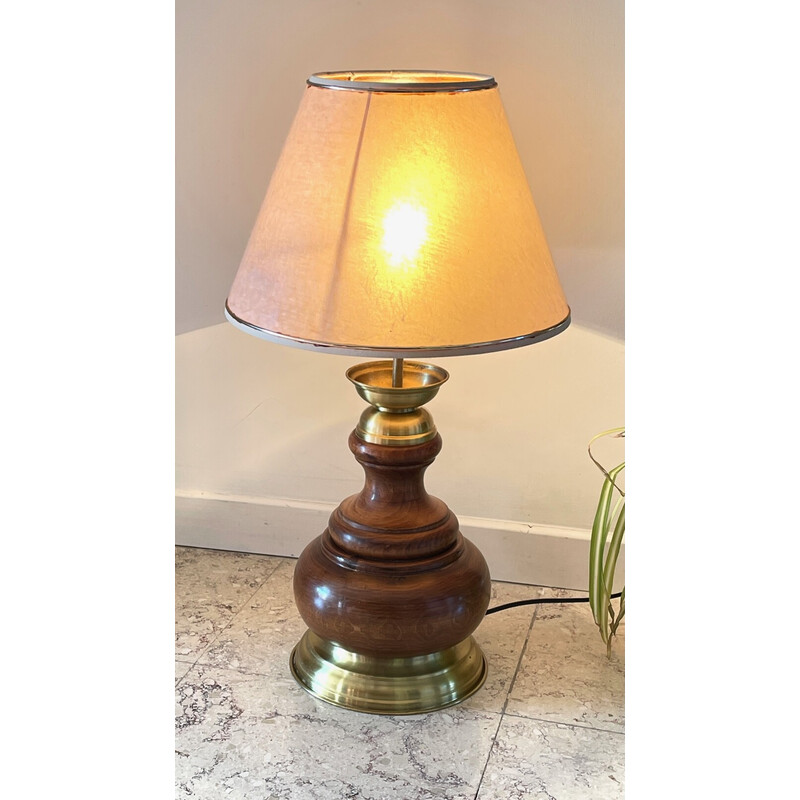 Vintage wood and brass lamp, 1980