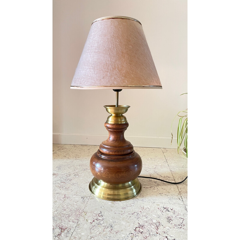 Lampada vintage in legno e ottone, 1980