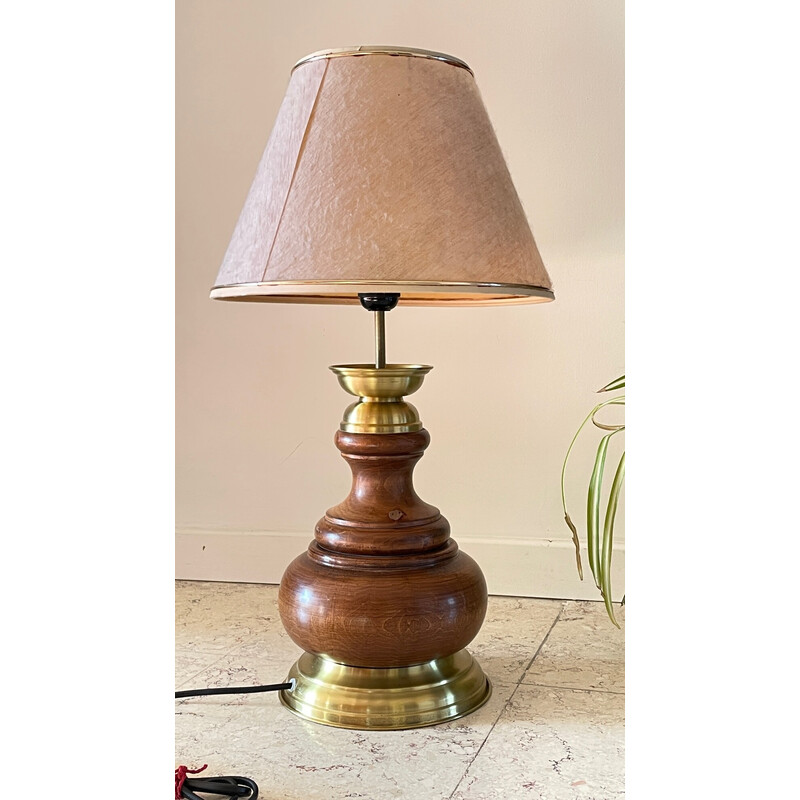 Lampe vintage en bois et laiton, 1980
